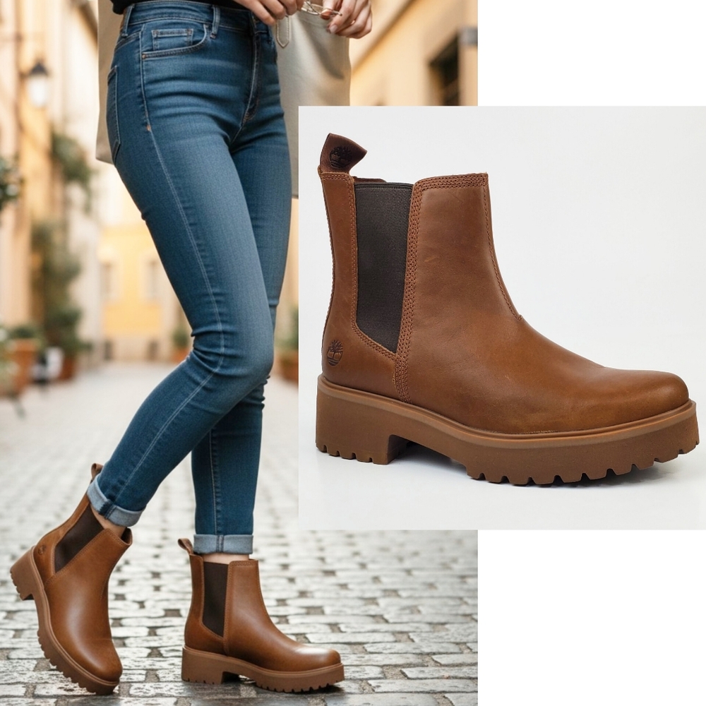 New Timberland Carnaby cool block heel Chelsea boots rust full grain leather